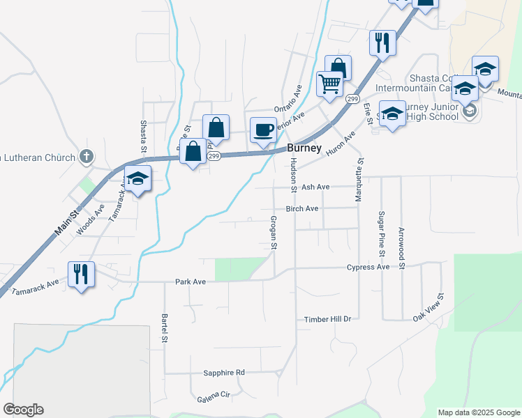 map of restaurants, bars, coffee shops, grocery stores, and more near 27201 Birch Avenue in Burney
