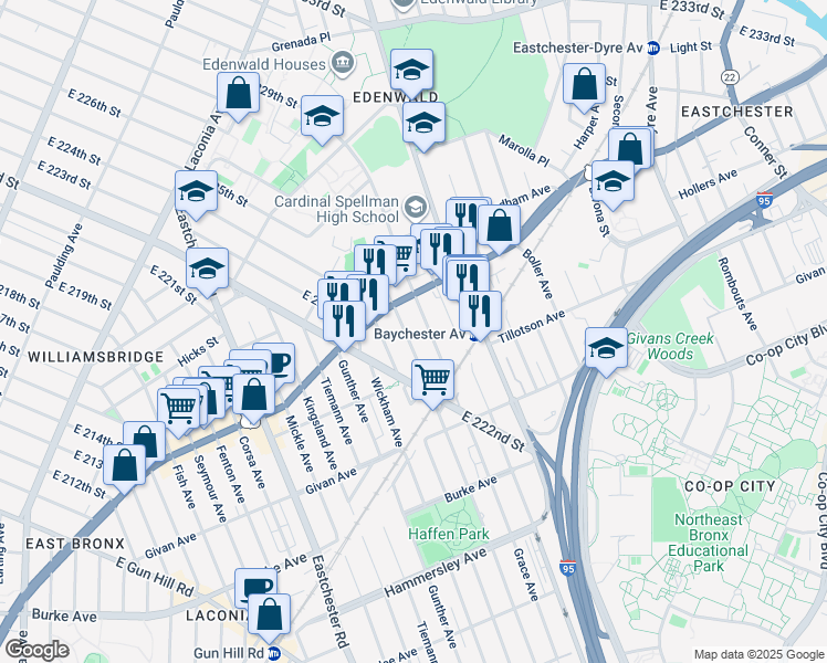 map of restaurants, bars, coffee shops, grocery stores, and more near 3452 Ely Avenue in The Bronx