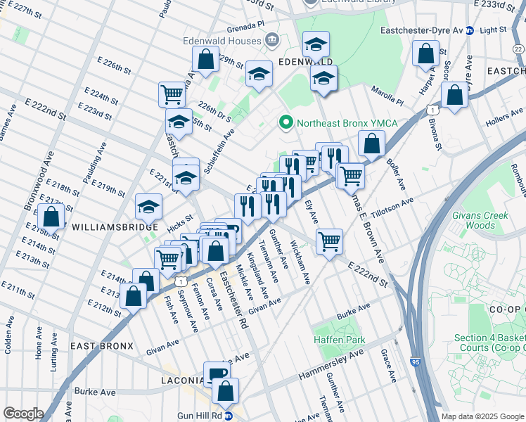 map of restaurants, bars, coffee shops, grocery stores, and more near in The Bronx