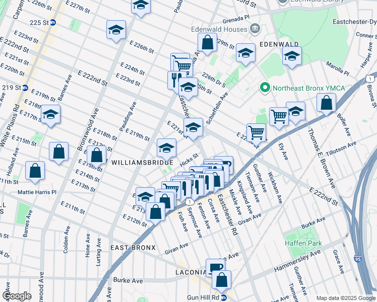 map of restaurants, bars, coffee shops, grocery stores, and more near 1459 Needham Avenue in Bronx
