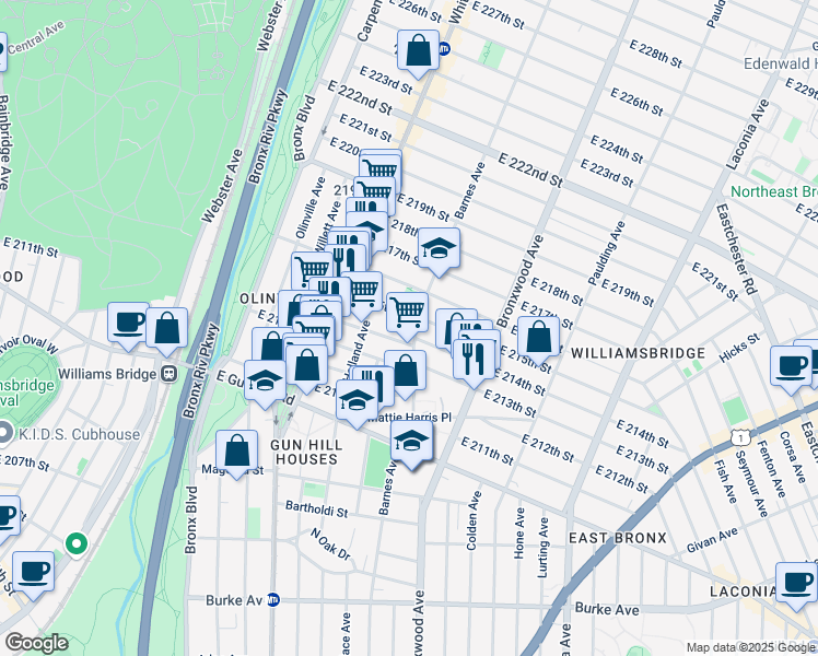 map of restaurants, bars, coffee shops, grocery stores, and more near 3638 Barnes Avenue in Bronx