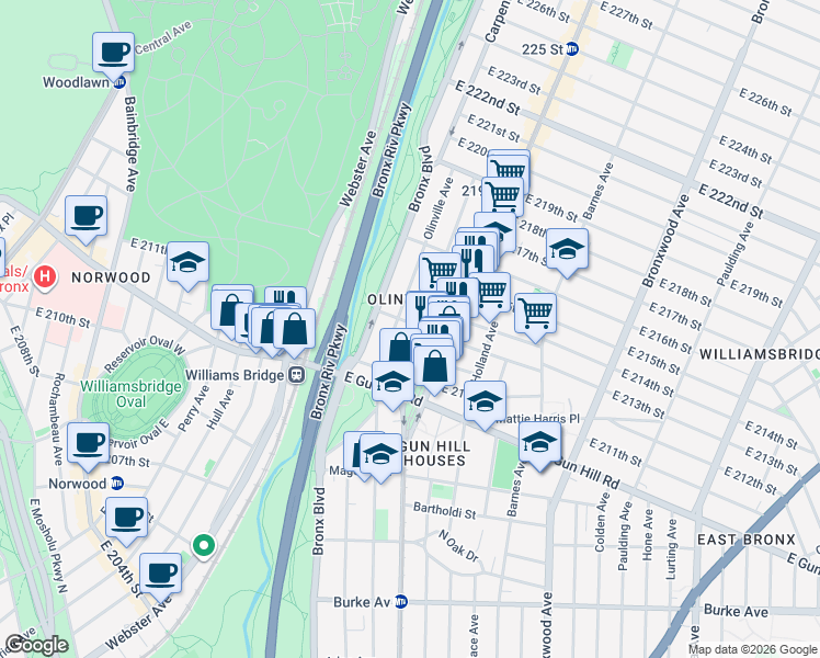 map of restaurants, bars, coffee shops, grocery stores, and more near 3559 Olinville Avenue in Bronx