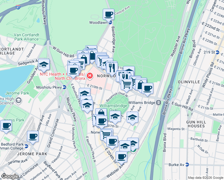 map of restaurants, bars, coffee shops, grocery stores, and more near 3396 Wayne Avenue in Bronx