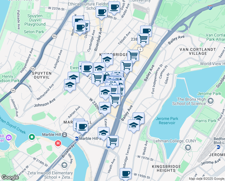 map of restaurants, bars, coffee shops, grocery stores, and more near in The Bronx