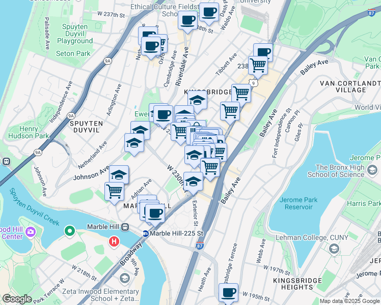 map of restaurants, bars, coffee shops, grocery stores, and more near 3062 Kingsbridge Avenue in Bronx