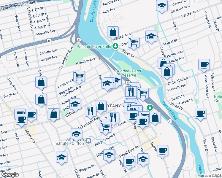 map of restaurants, bars, coffee shops, grocery stores, and more near 22 Varettoni Place in Clifton