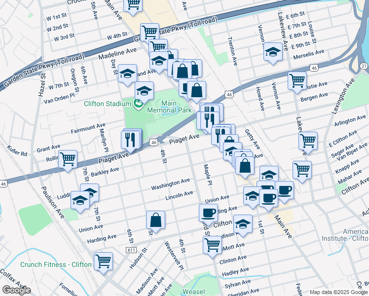 map of restaurants, bars, coffee shops, grocery stores, and more near 82 Barkley Avenue in Clifton