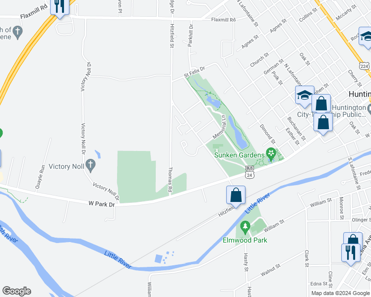 map of restaurants, bars, coffee shops, grocery stores, and more near 1309 Memorial Lane in Huntington