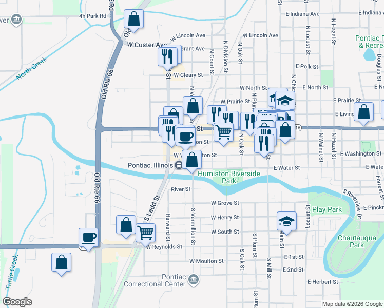 map of restaurants, bars, coffee shops, grocery stores, and more near 721 West Washington Street in Pontiac