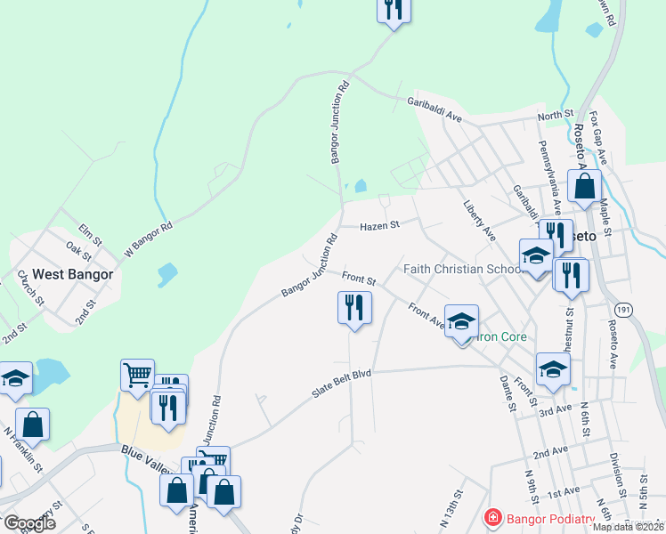 map of restaurants, bars, coffee shops, grocery stores, and more near 715 Front Street in Bangor