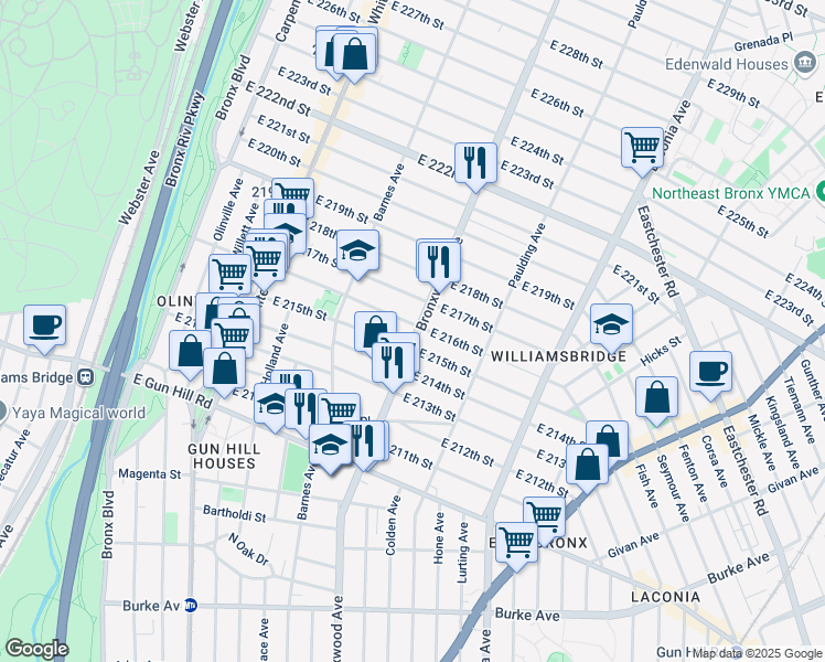 map of restaurants, bars, coffee shops, grocery stores, and more near 874 East 216th Street in Bronx