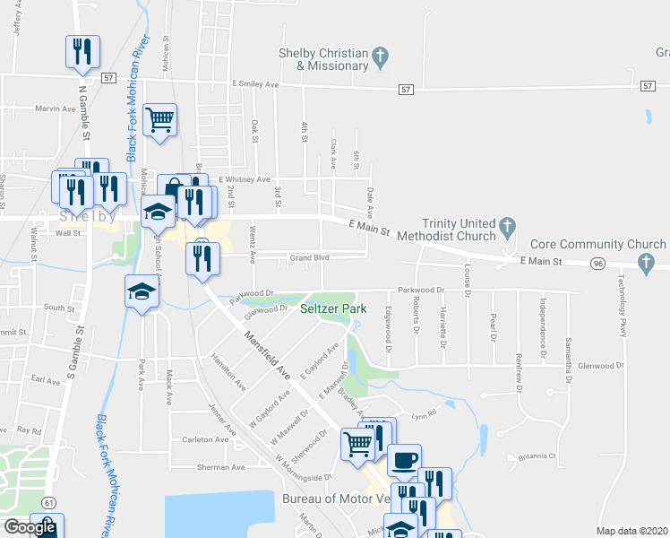 map of restaurants, bars, coffee shops, grocery stores, and more near 44 Grand Boulevard in Shelby
