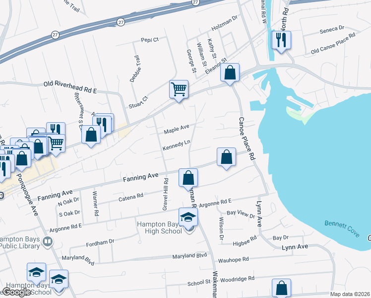 map of restaurants, bars, coffee shops, grocery stores, and more near 185 Wakeman Road in Hampton Bays