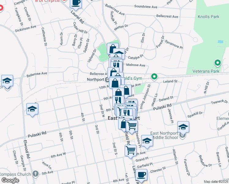 map of restaurants, bars, coffee shops, grocery stores, and more near 74 Larkfield Road in East Northport