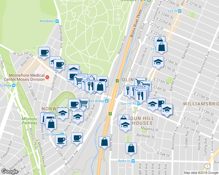 map of restaurants, bars, coffee shops, grocery stores, and more near 3522 Webster Avenue in Bronx