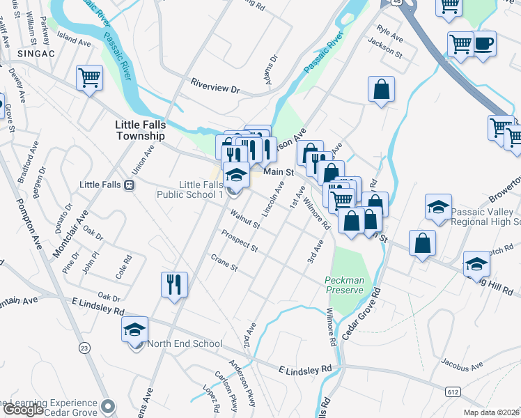 map of restaurants, bars, coffee shops, grocery stores, and more near 16 Ridge Avenue in Little Falls