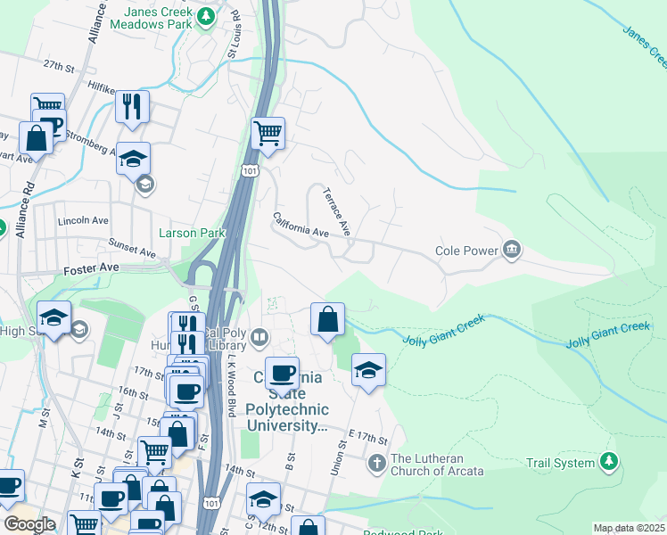 map of restaurants, bars, coffee shops, grocery stores, and more near 2929 Greenbriar Lane in Arcata