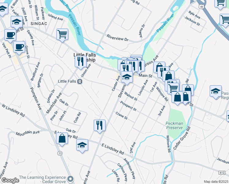 map of restaurants, bars, coffee shops, grocery stores, and more near 56 Center Avenue in Little Falls