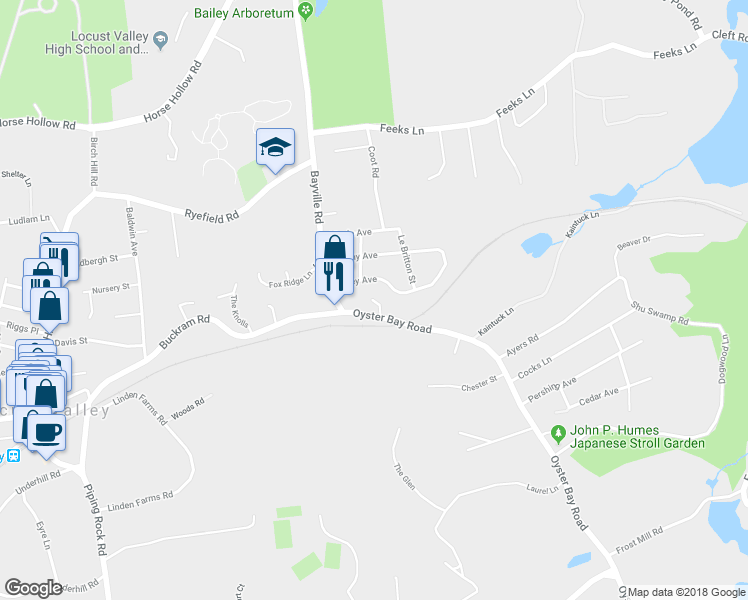 map of restaurants, bars, coffee shops, grocery stores, and more near 10 Matinecock Court in Locust Valley