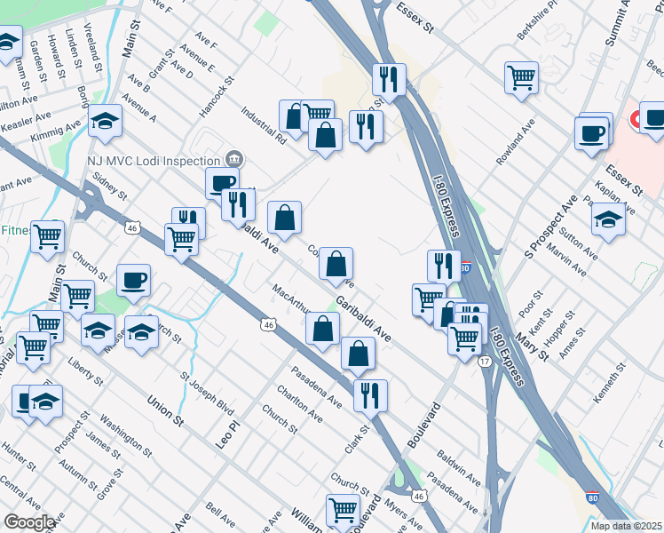 map of restaurants, bars, coffee shops, grocery stores, and more near 248 Columbia Avenue in Lodi