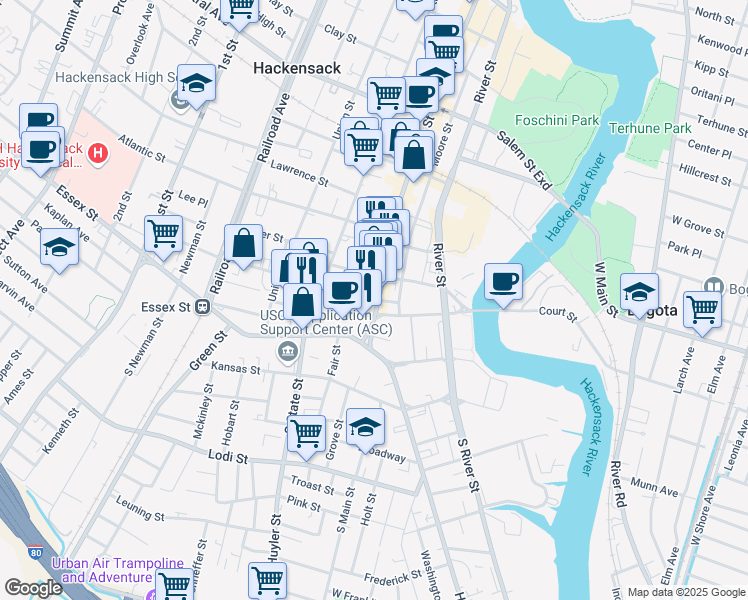 map of restaurants, bars, coffee shops, grocery stores, and more near 41 Main Street in Hackensack