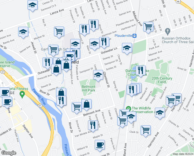 map of restaurants, bars, coffee shops, grocery stores, and more near 171 Cedar Street in Garfield