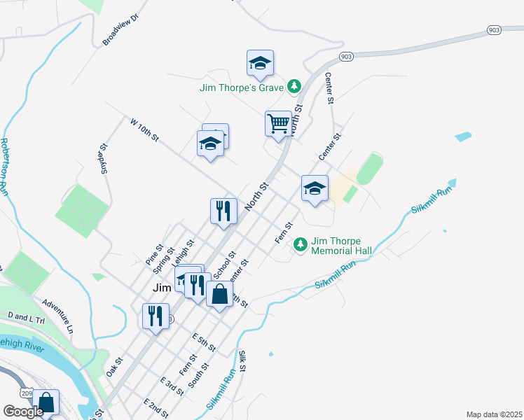 map of restaurants, bars, coffee shops, grocery stores, and more near 18 W 10th St in Jim Thorpe