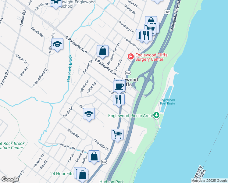 map of restaurants, bars, coffee shops, grocery stores, and more near 33 John Street in Englewood Cliffs