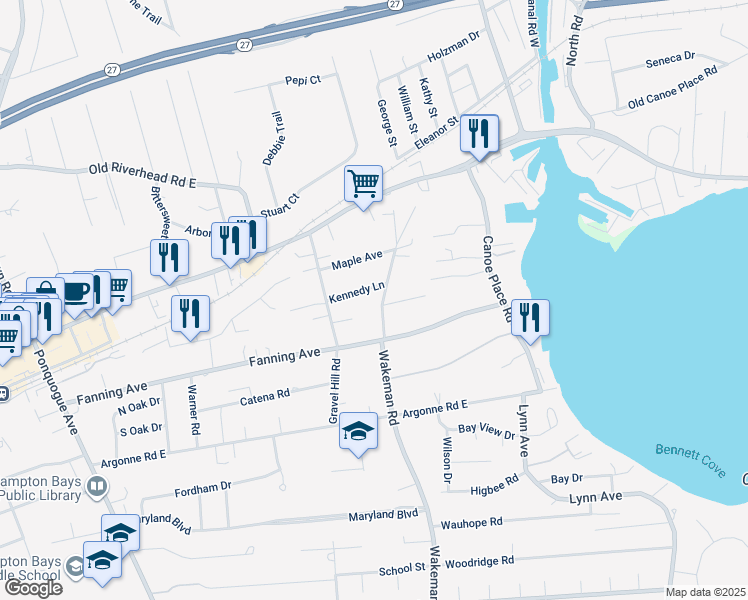 map of restaurants, bars, coffee shops, grocery stores, and more near 185 Wakeman Road in Hampton Bays