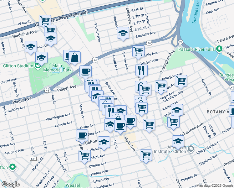map of restaurants, bars, coffee shops, grocery stores, and more near 242 Getty Avenue in Clifton
