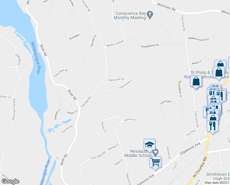 map of restaurants, bars, coffee shops, grocery stores, and more near 6 Highwoods Court in Saint James