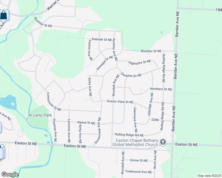 map of restaurants, bars, coffee shops, grocery stores, and more near 7105 Woodell Avenue Northeast in Canton