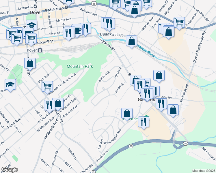 map of restaurants, bars, coffee shops, grocery stores, and more near 91 Oram Drive in Dover