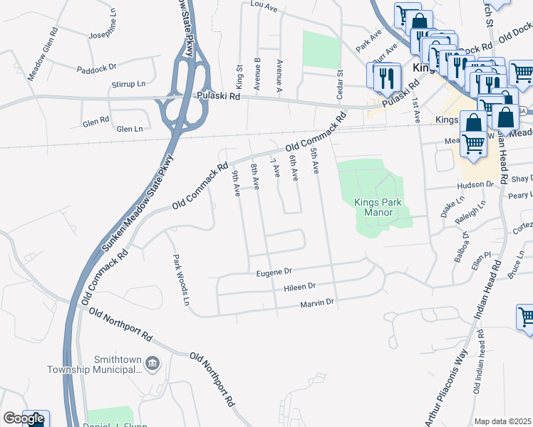 map of restaurants, bars, coffee shops, grocery stores, and more near 73 8th Avenue in Kings Park