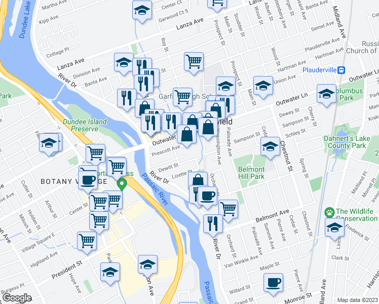 map of restaurants, bars, coffee shops, grocery stores, and more near 75 Dewitt Street in Garfield