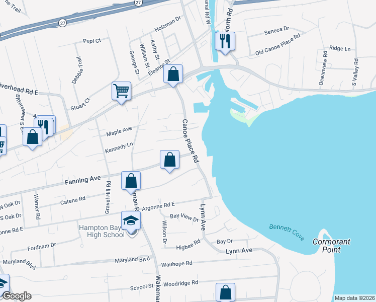 map of restaurants, bars, coffee shops, grocery stores, and more near 113 Fanning Avenue in Hampton Bays