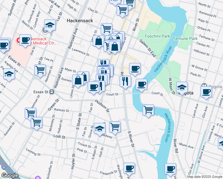 map of restaurants, bars, coffee shops, grocery stores, and more near 20 Court Street in Hackensack