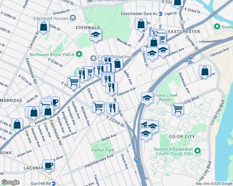 map of restaurants, bars, coffee shops, grocery stores, and more near 3400 Baychester Avenue in The Bronx