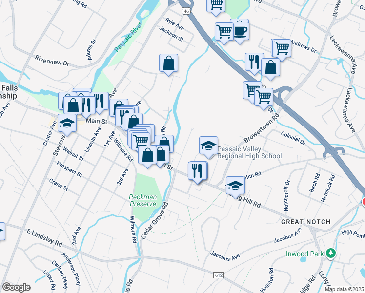 map of restaurants, bars, coffee shops, grocery stores, and more near 17 Hopson Avenue in Little Falls