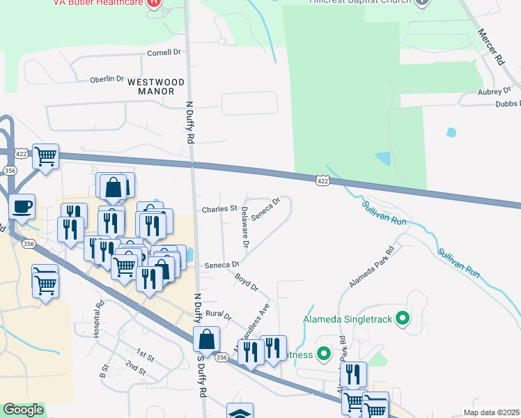map of restaurants, bars, coffee shops, grocery stores, and more near 107 Seneca Drive in Butler