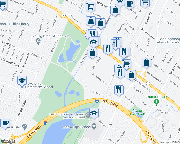 map of restaurants, bars, coffee shops, grocery stores, and more near W Sheffield Ave & Sterling Blvd in Englewood