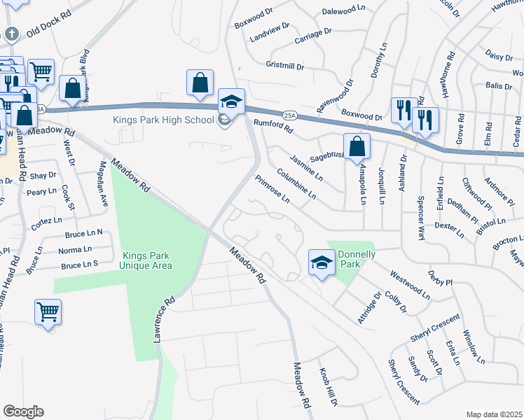 map of restaurants, bars, coffee shops, grocery stores, and more near 164 Lakebridge Drive North in Kings Park