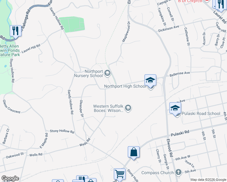 map of restaurants, bars, coffee shops, grocery stores, and more near 102 Laurel Hill Road in Northport