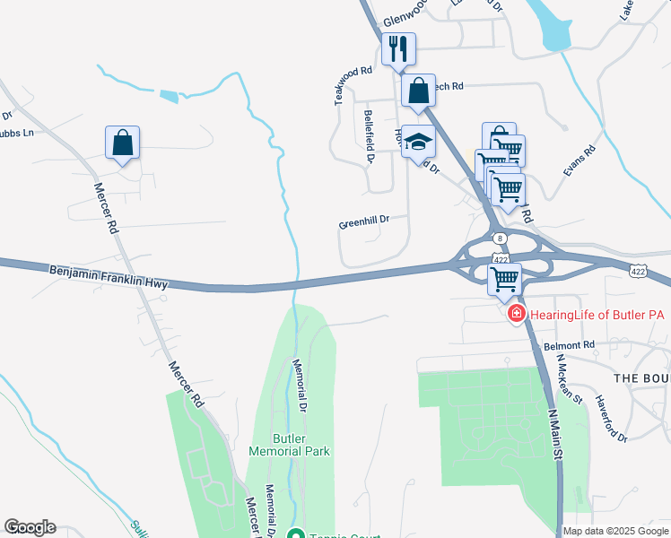 map of restaurants, bars, coffee shops, grocery stores, and more near 132 Greenhill Drive in Butler
