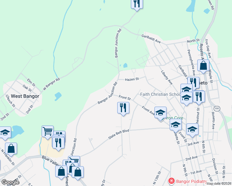 map of restaurants, bars, coffee shops, grocery stores, and more near 715 Front Street in Bangor