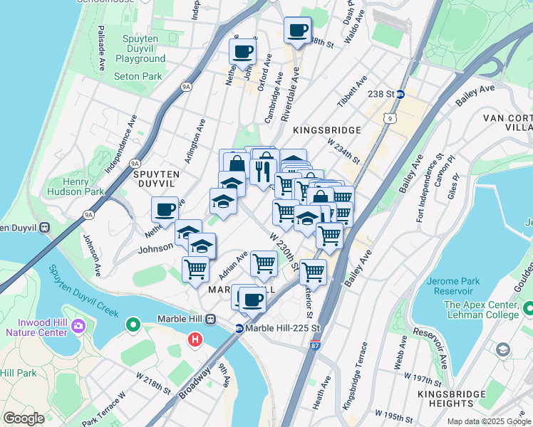 map of restaurants, bars, coffee shops, grocery stores, and more near in The Bronx