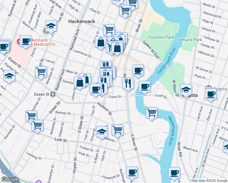 map of restaurants, bars, coffee shops, grocery stores, and more near 20 Court Street in Hackensack