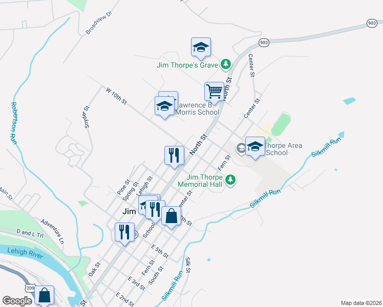 map of restaurants, bars, coffee shops, grocery stores, and more near 40 Church Road in Jim Thorpe