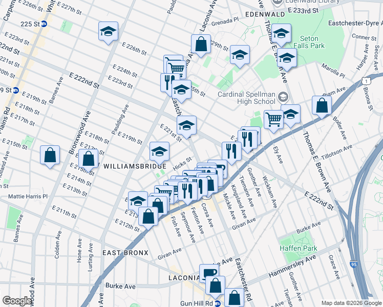 map of restaurants, bars, coffee shops, grocery stores, and more near 3575 Eastchester Road in Bronx