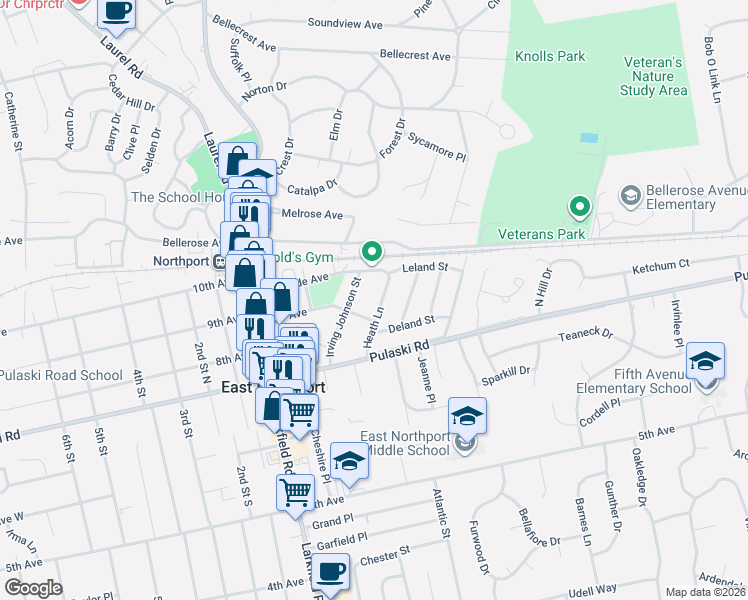 map of restaurants, bars, coffee shops, grocery stores, and more near 15 Heath Lane in East Northport